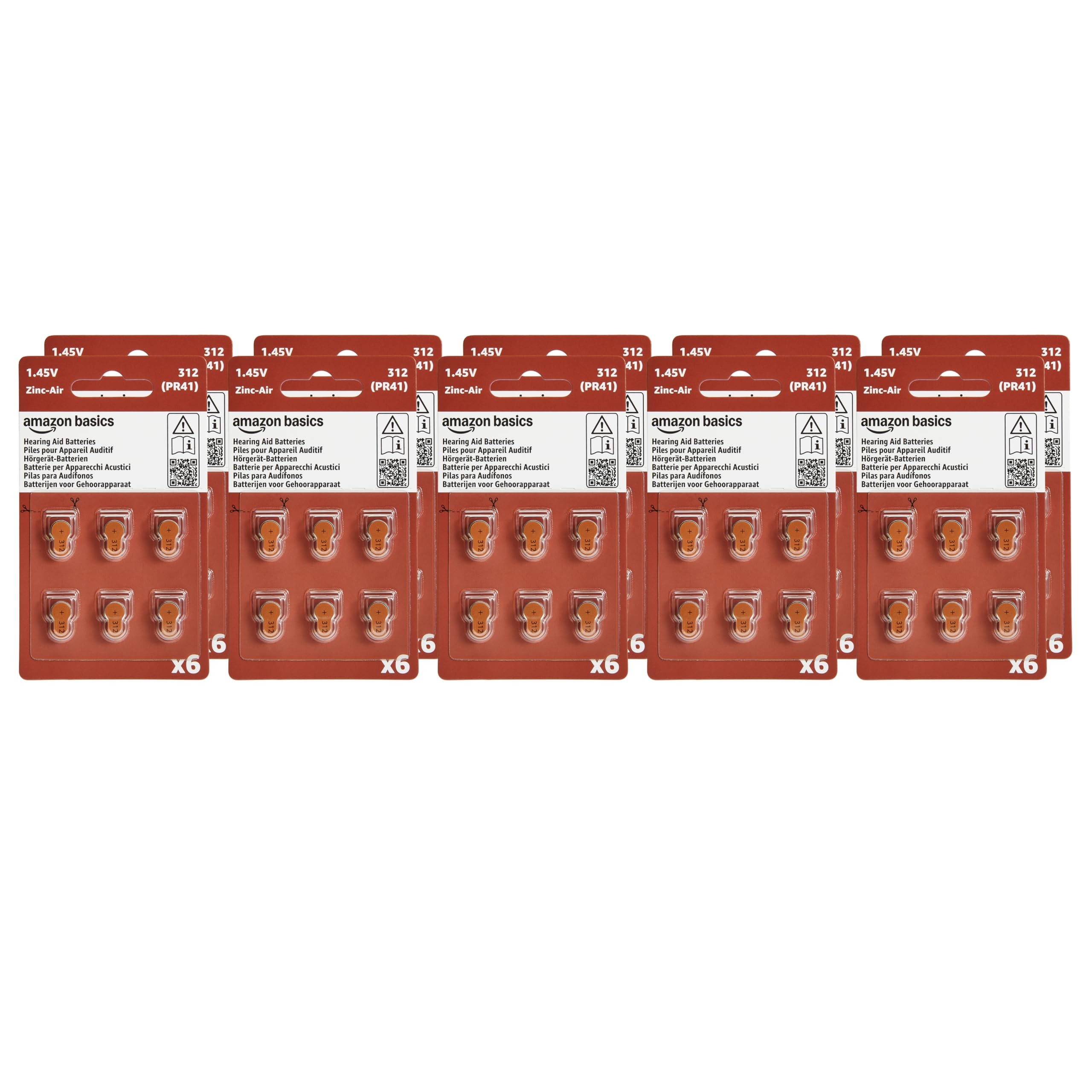 Amazon Basics 60-Pack Hearing Aid Batteries Size 312, 1.45 Volt, Zinc Air Technology, Long-Lasting, 4-Year Shelf Life, Mercury Free, Brown Tab, Child-Safe Package