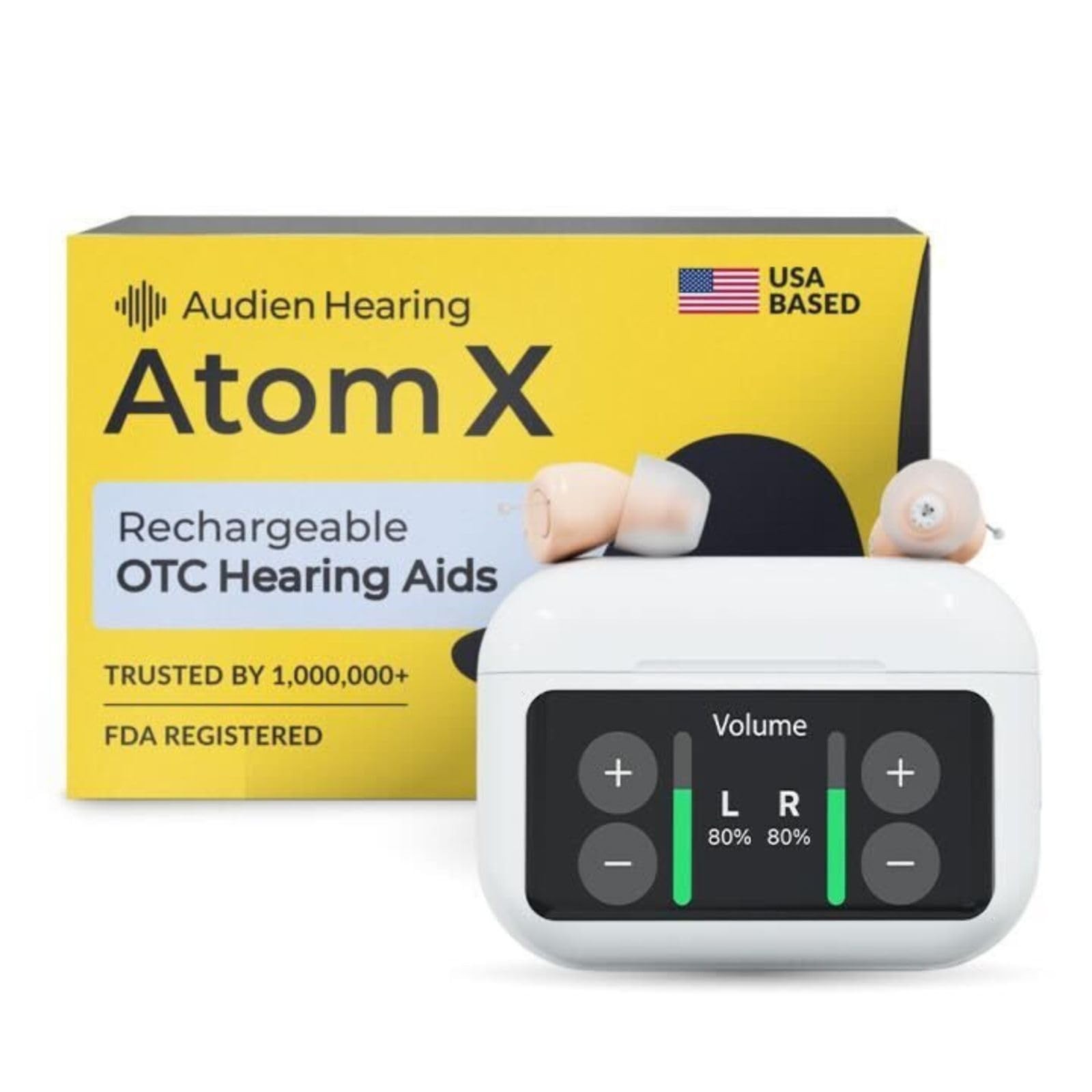 Audien Atom X Hearing Aid For Seniors & Adults with Hearing Loss - Noise Cancelling, Rechargeable OTC Bluetooth Hearing Aids w/Charging Case, 48+ Hour Battery Life, Touchscreen Control, Nearly Invisible Design
