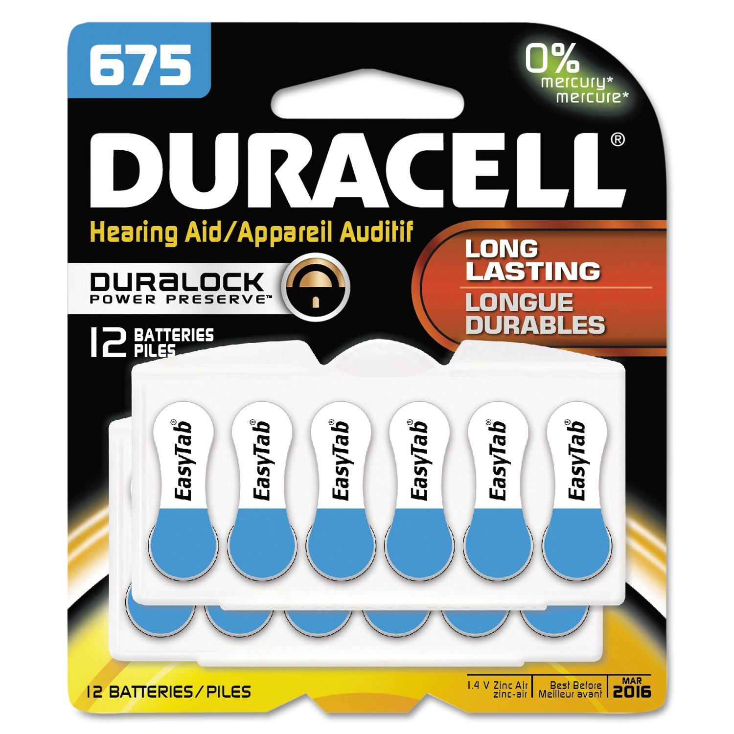 Duracell Hearing Aid Batteries Blue Size 675, 12 Count Pack, 675A Size Hearing Aid Battery with Long-lasting Power, Extra-Long EasyTab Install for Hearing Aid Devices