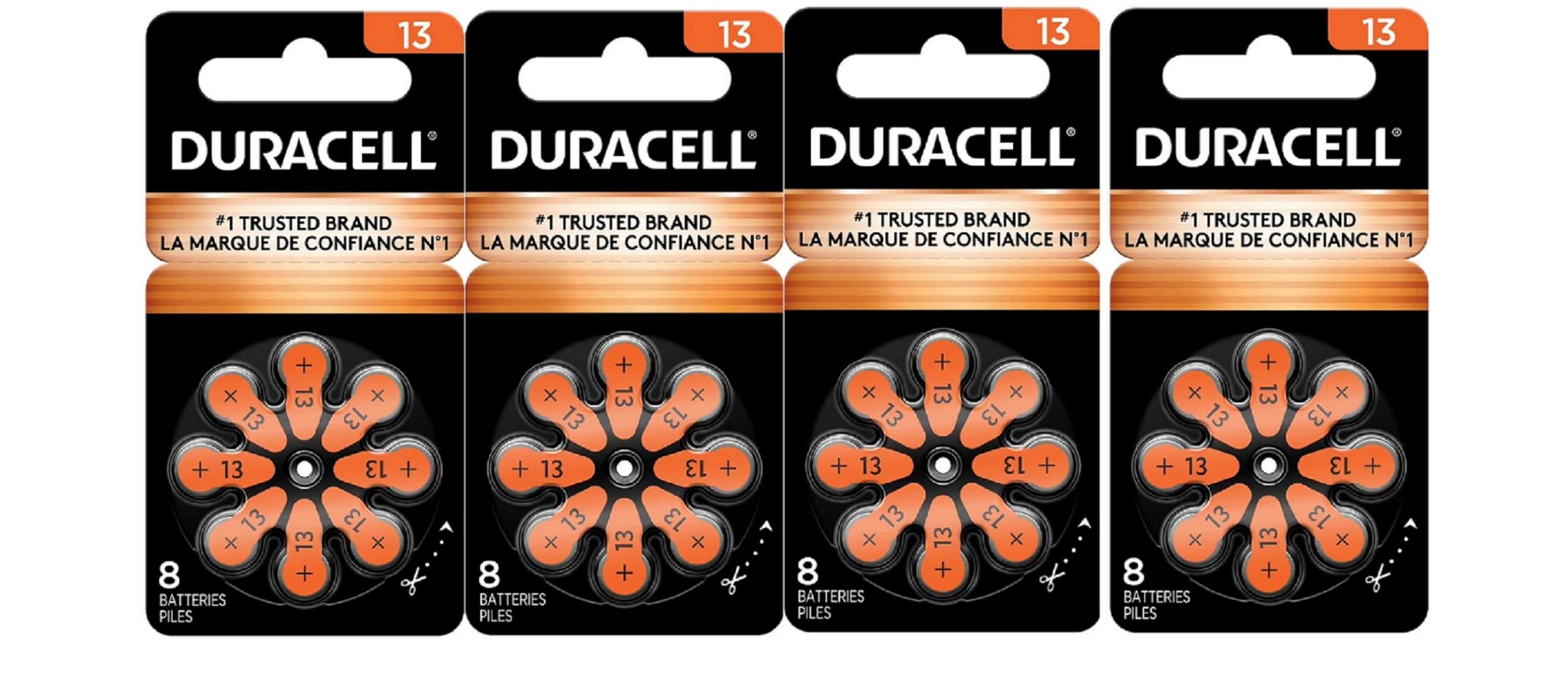 Duracell Hearing Aid Batteries Orange Size 13, 32 Count Pack, 13A Size Hearing Aid Battery with Long-Lasting Power, Extra-Long EasyTab Install for Hearing Aid Devices