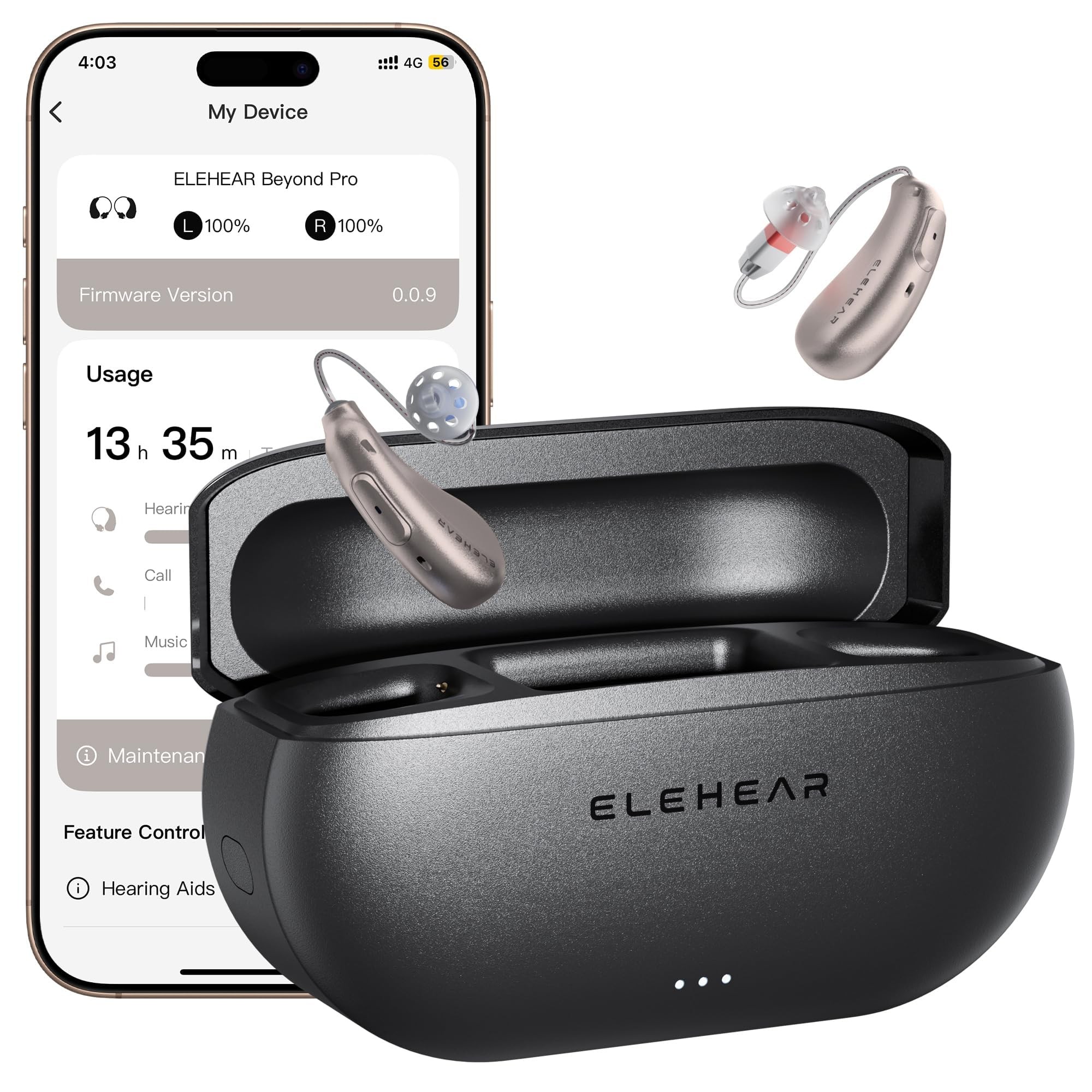 ELEHEAR Beyond Pro Hearing Aids, Bluetooth Rechargeable OTC Hearing Aids for Seniors and Adults, Premium Sound Algorithm with VocClear 2.0, 30% Clearer Speech, Music Mode & Enhanced App, Champagne Gold