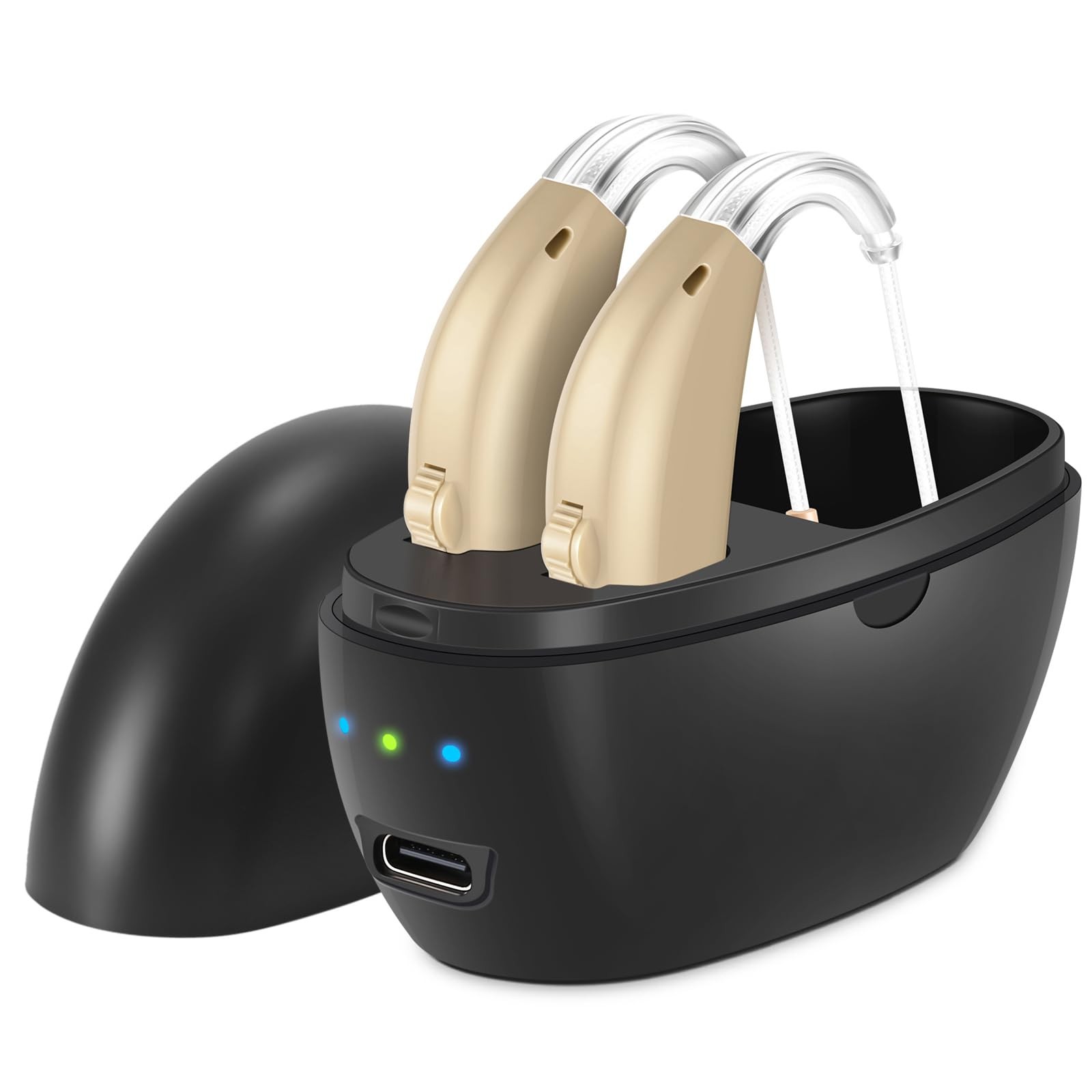 Hearing Aids,Rechargeable Hearing Aids for Seniors with Noise Cancelling,Adjustable Volume Control,One Pair Hea-ring Assist Devices with Charging Box(Black)