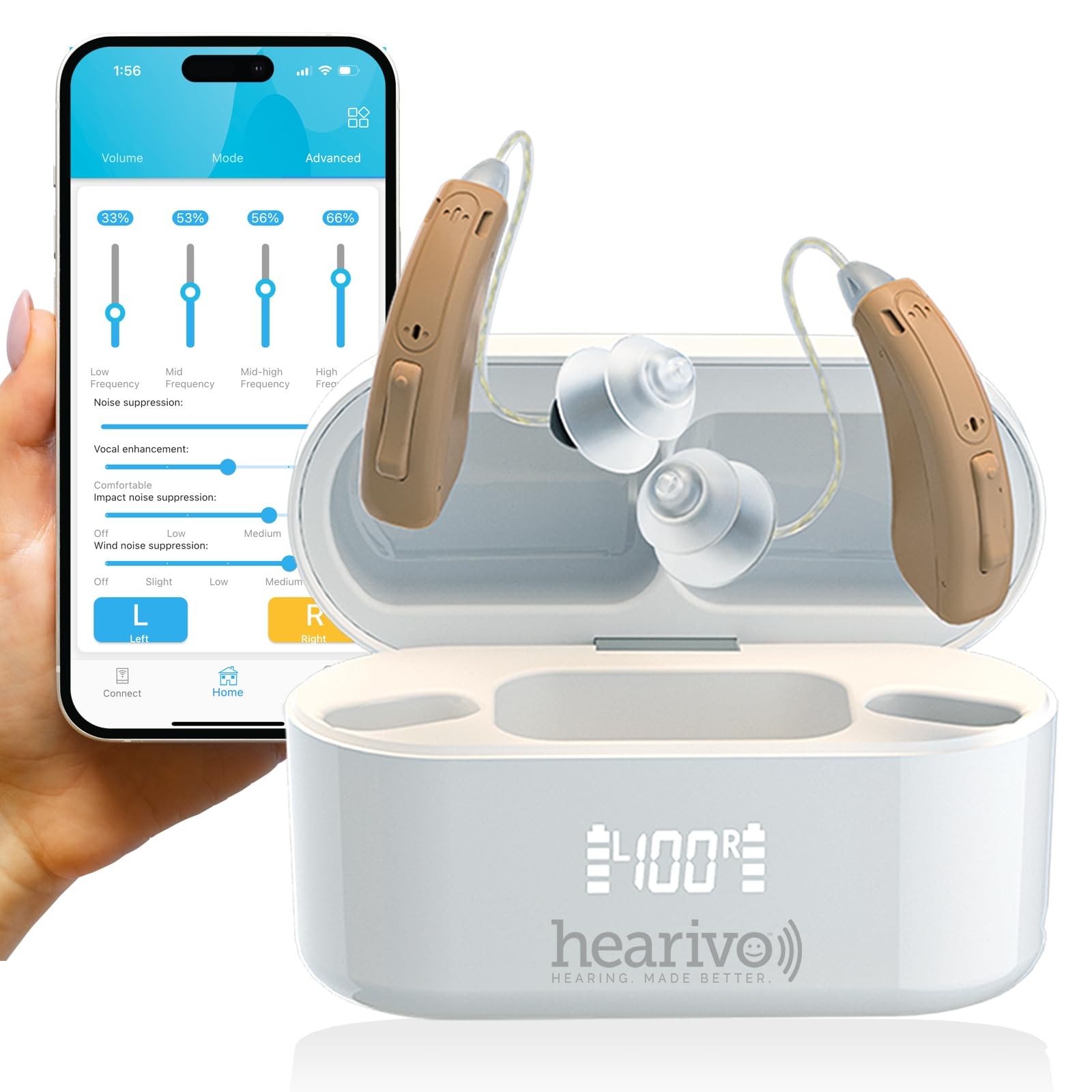 Hearivo Rechargeable Bluetooth Hearing Aids, App-Controlled with Noise Cancelling, Tinnitus Masking, Multiple Sound Modes